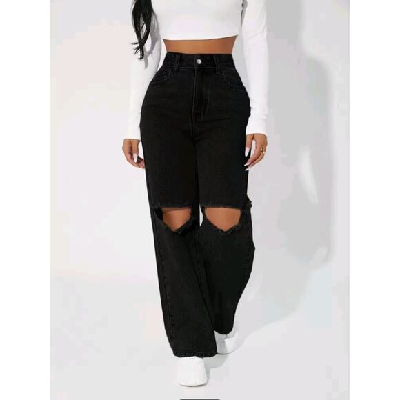 SHEIN PETITE High Waisted Slit Straight Leg Jeans Size S - Picture 1 of 3